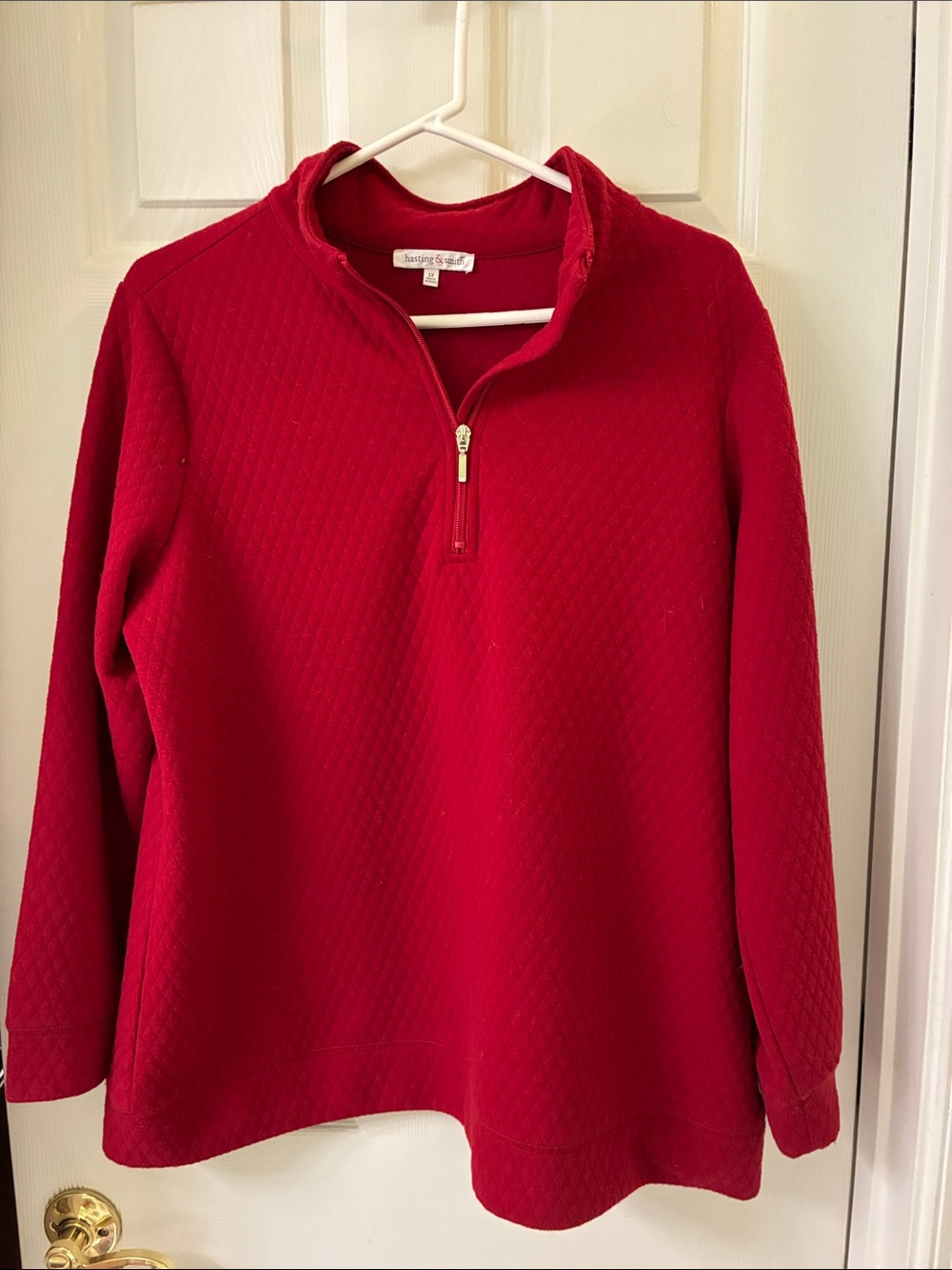 1X Red Textured waffle knit sweater quarter zip red quilted sweatshirt Half-Zip